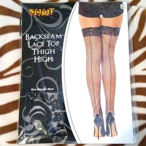 Backseam lace top thigh high fishnets